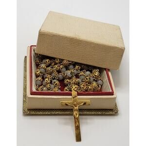 Vintage Italian Catholic Rosary Filigree Beads Crucifix INRI Box 1950s